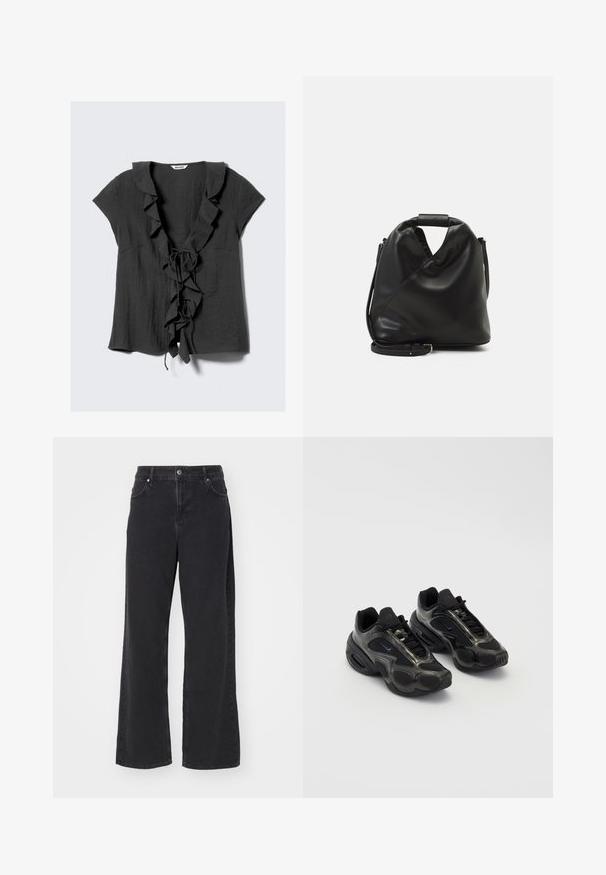 Bluză gri închis, cu mâneci scurte, guler încrețit și detalii la partea din față, cu închidere prin legare. Fabricată dintr-un material ușor, cu textură.; Jeans negre cu talie înaltă, drept, cu nasture frontal, urechi pentru curea și buzunare, prezentate pe un fundal alb.; Încălțăminte sport neagră din material sintetic, cu accente din plasă și tălpi rotunjite. Dispune de un sistem de șireturi și un logo Nike proeminent pe limbă.; Geantă din piele moale, neagră, cu un design unic, răsucit. Dispune de o mânere scurtă și o curea de umăr detașabilă. Stil minimalist.