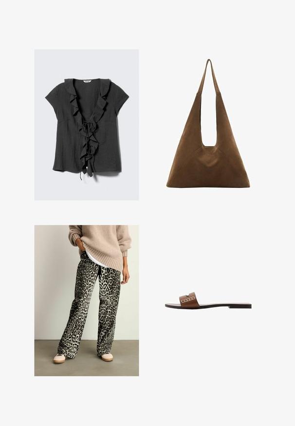 Tamno siva bluzica kratkih rukava, s volanima oko ovratnika i sprijeda, te sa kravatom kao zatvaranjem. Napravljena je od teksturirane, lagane tkanine.; Hlače širokih nogavica s uzorkom leopard u mekom materijalu, s elastičnim pojasom i crno-bež shemom boja. Uparene s bež puloverom.; Smeđe kožne sandale s ravnim potplatom, s širokom trakom i bijelim geometrijskim naglascima za minimalistički dizajn.; Smeđa lielu torba od suedea s trokutastim dizajnom, dugim naramenicama i velikim otvorenim vrhom s izrezanom drškom.