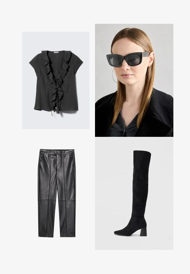 Dark gray blouse with short sleeves, ruffled collar and front, and a tie closure. Made of a textured, lightweight fabric.; Black leather trousers with a smooth texture, featuring a straight fit, two front pockets, and visible seam detailing.; Black suede knee-high boot with block heel, pointed toe, and smooth, seamless design on a plain light background.; Black cat-eye sunglasses with dark lenses, thick frames, and subtle accents. Worn with a black coat and gray top, featuring long straight hair.