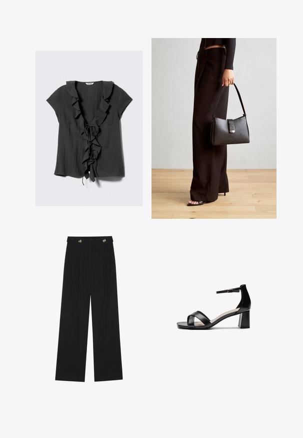Mørk grå bluse med korte ermer, volangkrage og frynser foran, samt en knytting. Laget av et teksturert, lett stoff.; Svart vide bukser med høy midje, knappdetaljer på midjebåndet og frontplisser.; Sorte åpen tå hælsandal med kryssede stropper, justerbar ankelstropp og kraftig hæl, med en jevn lærtekstur.; Svart håndveske med strukturert form, jevn tekstur og metallisk lås. Kombinert med brede svarte bukser og sandaler med åpen tå på tregulv.