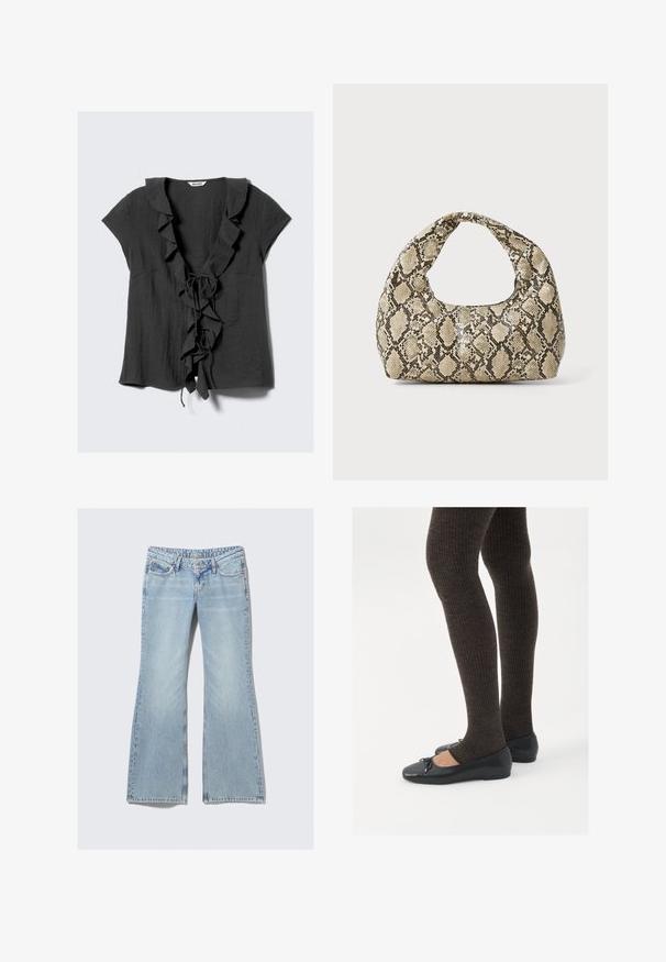 Mørk grå bluse med korte ermer, volangkrage og frynser foran, samt en knytting. Laget av et teksturert, lett stoff.; Weekday NOVA - Jeans slim fit - lip blue; Sorte flate sko med en liten sløyfedetalj på tåen, kombinert med mørkebrune ribbede strømpebukser. Skoene har en glatt overflate og lav profil.; Veske med slangeskinnmønster og krummet håndtak. Laget av teksturerte, beige og brune materialer, med et særegent diamantmønster.