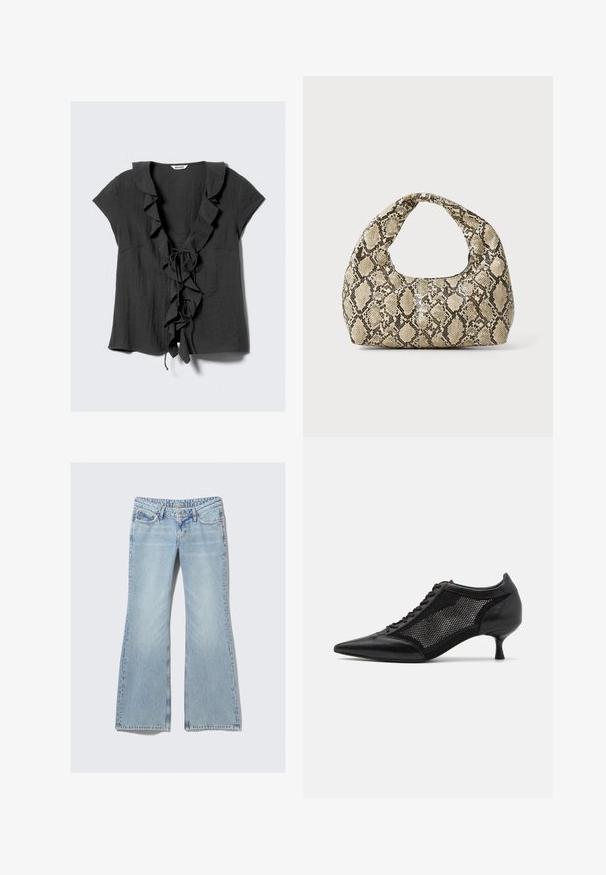 Dunkelgraue Bluse mit kurzen Ärmeln, gerüschtem Kragen und Vorderseite sowie einer Bindeschließe. Hergestellt aus einem strukturierten, leichten Stoff.; Weekday NOVA - Jeans Slim Fit - lip blue; Schwarzer spitzer Schuh mit einem Mesh-Panel-Design, ausgestattet mit einem niedrigen Absatz und einer Schnürung vorne. Hergestellt aus einer Kombination von Leder und Mesh-Material.; Schlangenmuster-Tasche mit einem gebogenen Griff. Hergestellt aus strukturierten, beige- und braunfarbenen Materialien, die ein markantes Diamantmuster aufweisen.