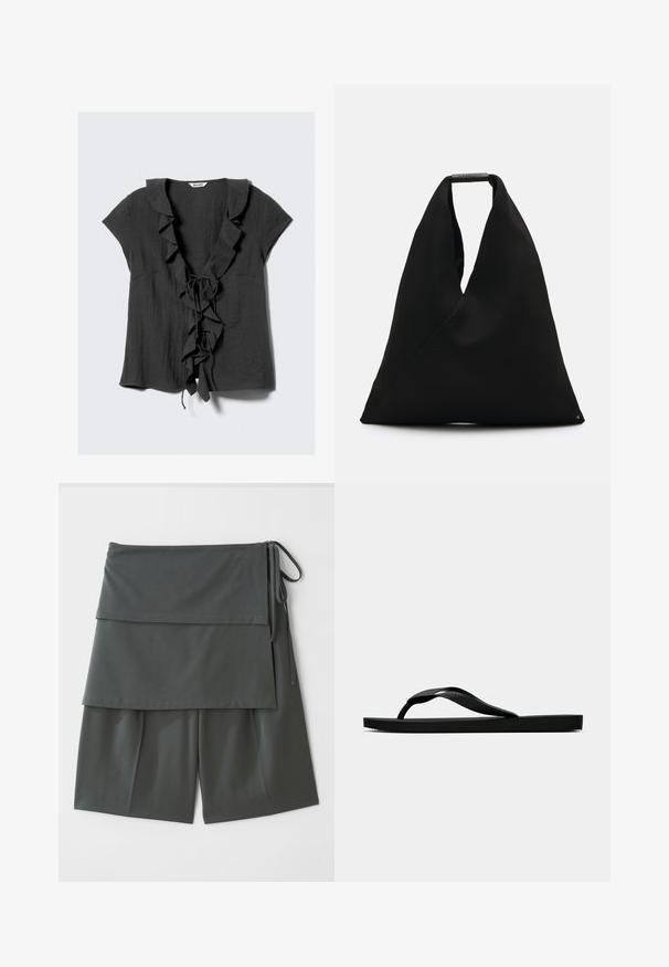 Tmavě šedá blůza s krátkými rukávy, rýhovaným límcem a předními volány, a s uzavřením na mašli. Vyrobena z texturované, lehké látky.; Tmavě šedé unisex šortky s vrstveným designem, které mají horní panel a zavazování na straně. Vyrobeny z hladké, lehké tkaniny.; Černé gumové žabky s texturovaným páskem a jednoduchou plochou podrážkou, zobrazené z boku na světlém pozadí.; Černá taška z látky s jedinečným designem ve tvaru V a hladkou strukturou. Obsahuje krátké ucho s minimalistickým kováním.