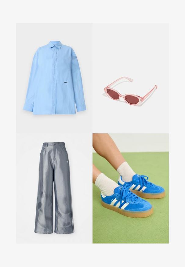 032c PLEASE STEAM OVERSIZED SHIRT - Button-down blouse - light blue; Wide-leg pants in shiny gray material, featuring white side stripes and a flame pattern on the lower legs. Button and zipper closure at the waist.; Blue suede sneakers with white stripes, gum sole, round toe, and fabric laces. Paired with cream socks on a green surface.; Pink transparent sunglasses with oval lenses, dark red tint, and slender arms, featuring a smooth finish and subtle detailing on the frame.