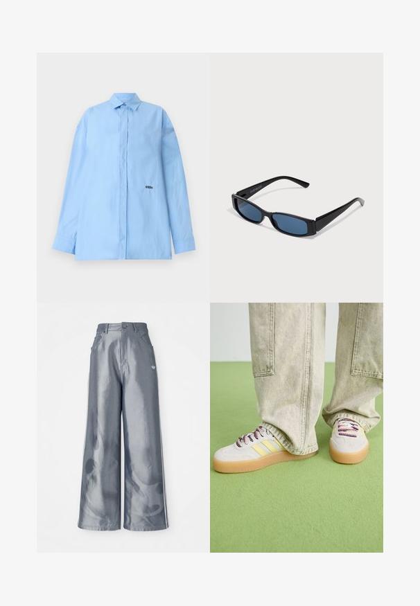 032c PLEASE STEAM OVERSIZED SHIRT - Skjortebluse - light blue; Vide benbukser i skinnende grå materiale, med hvide sidestriber og et flammemønster på de nederste ben. Knap- og lynlåslukning i taljen.; Skoene har et lysegrått semsket skinn øvre, tre gule striper og flerfargede snøringer. Gummisåle for godt grep. Brukt med lyse khaki-bukser.; Svarte solbriller med en slank rektangulær ramme og blå linser. Har en jevn tekstur og solide stenger. Merkevaren er inkludert på siden.