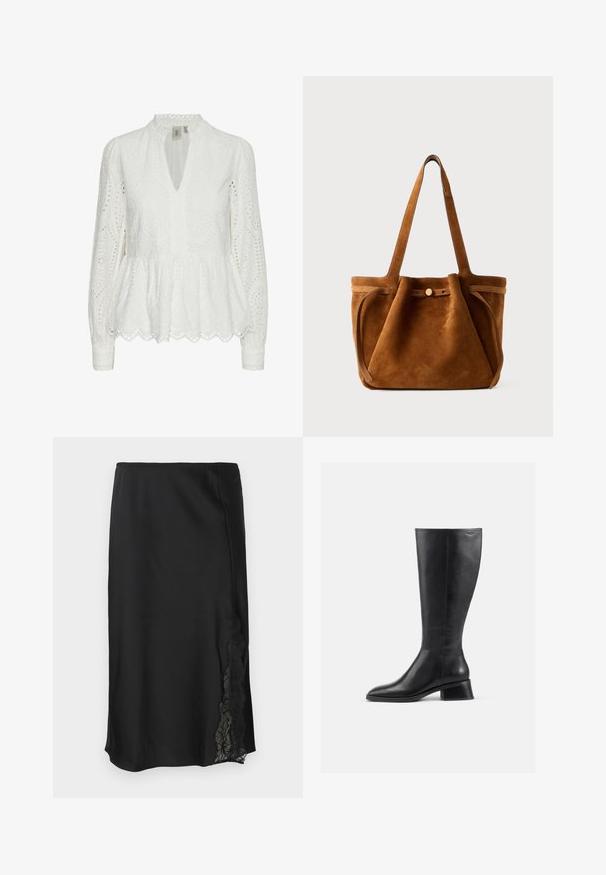 Balta izšuvuma blūze ar viļņotu apakšmalu, dziļu V veida kakla izgriezumu, garām piedurknēm un sarežģītiem izgriezumiem visā audumā.; Melna satīna svārki ar gludu tekstūru, ar mežģīņu akcentu vienā pusē un taisnu apakšmalu. Elestīga jostasvieta elastīgai uzvilkšanai.; Ceļgala augstuma melna ādas zābaks ar noapaļotu degunu un zemu, bloku papēdi. Iezīmējas ar gludu tekstūru un minimālu šuvju detaļu.; Brūns zamšs tote soma ar divām roktēm, pogu aizdari un brīvu, nedaudz izplūdušu formu.