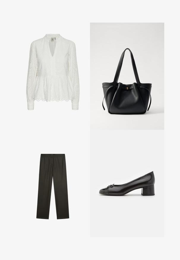 White embroidered blouse with a scalloped hem, deep V-neck, long sleeves, and intricate cut-out patterns throughout the fabric.; Dark green, wide-legged trousers with a smooth texture, elastic waistband, and side pockets. Simple design with no visible patterns or hardware.; Black patent leather pump with a rounded toe, small bow detail on the front, and a low block heel. Smooth texture throughout.; Black leather tote bag with two long straps, a cinched top, and a gold circular accent. Smooth texture with a minimalist design.