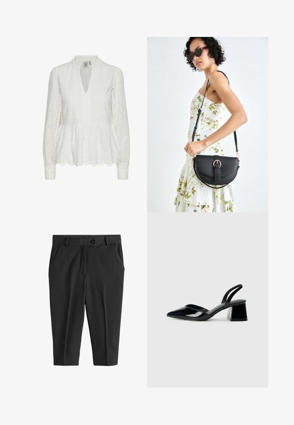 Vit broderad blus med vida flikar i nederkant, djup V-ringning, långa ärmar och intrikata utskärningar genom hela tyget.; Svarta skräddarsydda byxor med frontveck, knappstängning och sidfickor. Slät tyg med kort längd och en strömlinjeformad silhuett.; Svarta lackläder slingback klackar med spetsig tå och geometrisk klack. Har en elegant, minimalistisk design och slät yta.; Svart läderhandväska med en böjd form, avtagbar rem och guldiga detaljer. Väskan har ett lock med en spänndetalj.