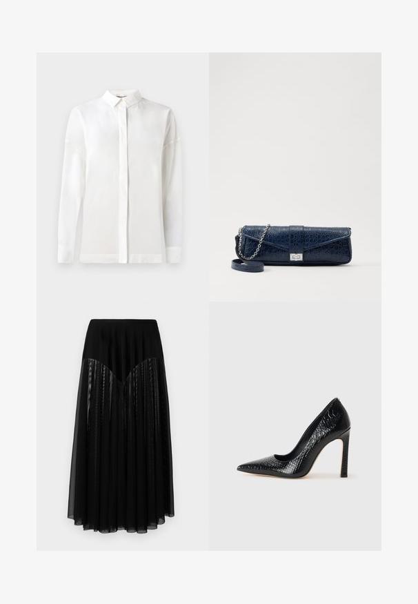 Biela košeľa s dlhým rukávom a gombíkovým golierom, hladká textúra, rovný strih a skrytá léga. Mäkko, ľahký materiál bez vzorov.; Čierna sukňa s priliehavým pásom, ktorá má vrstvenú plisovanú priesvitnú látku a textúrovaný dizajn. Dĺžka dosahuje po polovicu lýtok a má hladký povrch.; Čierna lodička s špicatou špičkou a lakovanou textúrou krokodíla, s elegantným dizajnom, vysokým stiletto podpätkom a hladkým čiernym interiérom.; Tmavomodrá kožená kapsička s krokodílovou textúrou, strieborný reťazový popruh a kovová spona. Obdĺžnikový tvar so sklápacím dizajnom.
