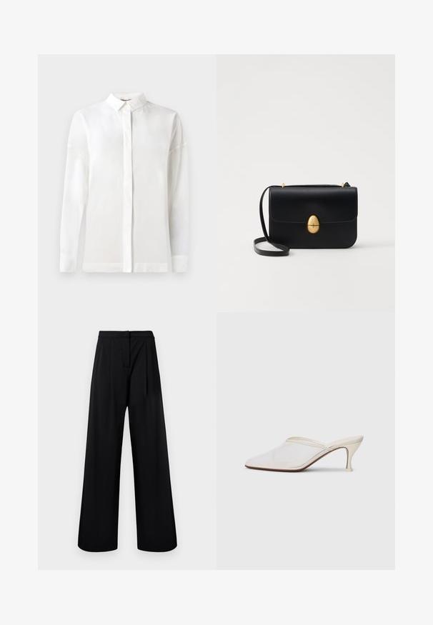 White long-sleeve shirt with a buttoned collar, smooth texture, straight cut, and hidden placket. Soft, lightweight fabric with no patterns.; Black wide-leg trousers made of smooth fabric, featuring a high waist and pleated detailing. No visible embellishments or patterns.; White mesh pointed-toe mule with a slim mid-height heel and slip-on design against a plain background.; Black leather handbag with a structured rectangular shape. Features a golden oval clasp and a thin shoulder strap. Smooth texture.