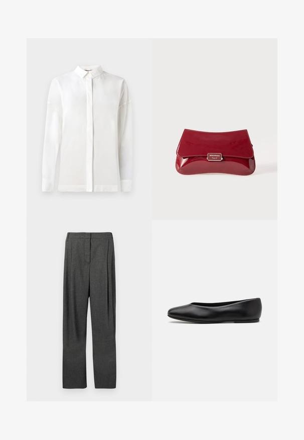 White long-sleeve shirt with a buttoned collar, smooth texture, straight cut, and hidden placket. Soft, lightweight fabric with no patterns.; Gray tailored trousers made of woven fabric, featuring a straight leg, front pleats, and a smooth texture.; Paul Smith TOPANGA - Ballet pumps - black; Red patent leather clutch bag with a curved design, fold-over flap, and a metal logo accent on a silver plaque. Smooth, shiny texture.