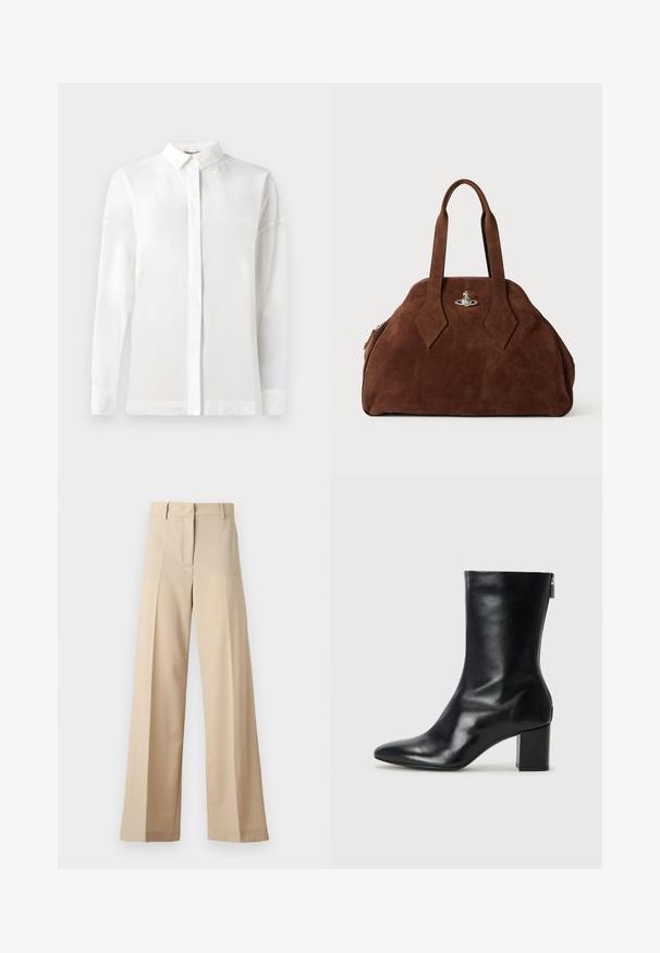 Fehér, hosszú ujjú ing, gombos gallérral, sima textúrával, egyenes szabással és rejtett gombolással. Puha, könnyű anyag, minták nélkül.; Beige színű, bő szabású nadrág sima anyagból, lapos elejével, redőkkel, cipzáras záródással és övhurkokkal. Összességében testreszabott szabású.; Fekete bőr bokacipő hegyes orral és 4 cm-es blokkfallal. Simán díszített designja oldalra nyíló cipzárral rendelkezik, ami megkönnyíti a felvételt. Simább textúrával.; Barna velúr kézi táska, strukturált formával, kerek testtel és megnyújtott gyémánt alakú fogantyúkkal. Ezüst színű záródással rendelkezik.