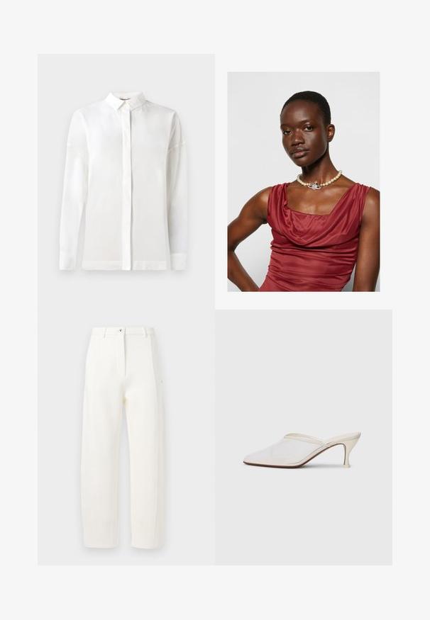 Witte langemouwen shirt met een geknoopte kraag, gladde textuur, rechte snit en een verborgen knopenlijst. Zachte, lichtgewicht stof zonder patronen.; Witte op maat gemaakte broeken met een recht model, voorvouwen, ritssluiting en knoopsluiting, en zijzakken. Gladde stof met een matte afwerking.; Witte mesh puntige muiltjes met een slanke hak van middelgrote hoogte en een slip-on ontwerp, tegen een effen achtergrond.; Kraagloze, diep rode jurk met een gladde textuur. Voorzien van een parelketting met een decoratieve zilveren accent in het midden.