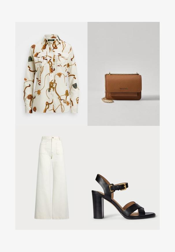 Košulja dugih rukava s gumbima u bijelom pamuku, s uzorkom užeta u smeđoj i zlatnoj boji, dva džepa na prsima i vezivanim detaljima na rukavima.; Široke traperice u boji krem-paleža. Visoki struk s kopčanjem na dugme, dva prednja džepa i kontrastni šavovi.; Crne kožne sandale s potpeticom s dizajnom s križanjem trakama i kopčanjem. Imaju debelu potpeticu i glatku teksturu.; Smeđa kožna torba preko tijela s teksturom, zlatnim lančićem i preklopom na zatvaranju. Na prednjoj strani nalazi se detalj s potpisom i džep ispod preklopa.