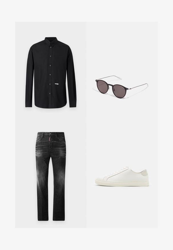 Camicia nera a maniche lunghe con bottoni e colletto a punta, con una piccola etichetta rettangolare bianca vicino all'angolo inferiore destro sul davanti.; Jeans in denim nero con vestibilità dritta. Presentano aree sbiadite, leggeri segni di usura, classico design a cinque tasche e chiusura con bottone.; Sneaker bianca in pelle con superficie liscia, punta rotonda e design minimalista. Presenta dettagli beige sul tallone e una suola in gomma.; Occhiali da sole neri rotondi con lenti scure e sottili bracci in metallo. Include punte trasparenti e accenti argentati alla cerniera. Design minimalista.