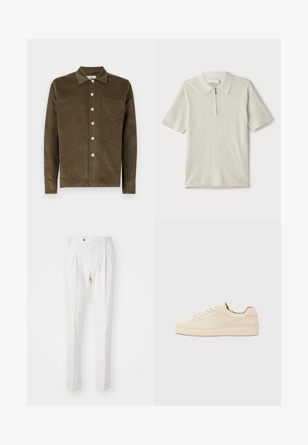 Olívazöld kordbársony ing, állógallérral, teljes gombolású elülső résszel, hosszú ujjal és mellzsebbel. Texturált anyag, függőleges bordákkal.; Rövid ujjú, világosbézs pólóing, cipzáras gallérral. Simás anyagból készült, egyszerű, modern dizájnnal, minta nélkül.; Fehér, szabott nadrág lapos elülső résszel, két redővel és felgöngyölített szárakkal. Simás anyagból készült, deréknál gombos zárással.; Beige velúr sportcipő alacsony fazonban, kerek orral, lapos fűzőkkel és texturált gumitalppal. Minimalista stílus, látható logók nélkül.