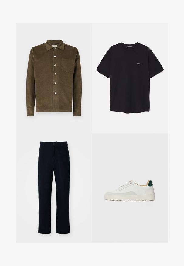Olívazöld kordbársony ing, állógallérral, teljes gombolású elülső résszel, hosszú ujjal és mellzsebbel. Texturált anyag, függőleges bordákkal.; Fekete pamut T-shirt kerek nyakkivágással, rövid ujjakkal, és fehér logónyomattal a bal mellrészen. Egyszerű, egyszínű dizájn.; Sötétkék pamut nadrág, egyenes szárú fazonnal, elülső gombos záródással és klasszikus derékkal, övhurkokkal.; Fehér sneaker suédé részletekkel, kerek orral, lapos fűzőkkel és krémszínű gumitalppal. Zöld logó található a sarkán.