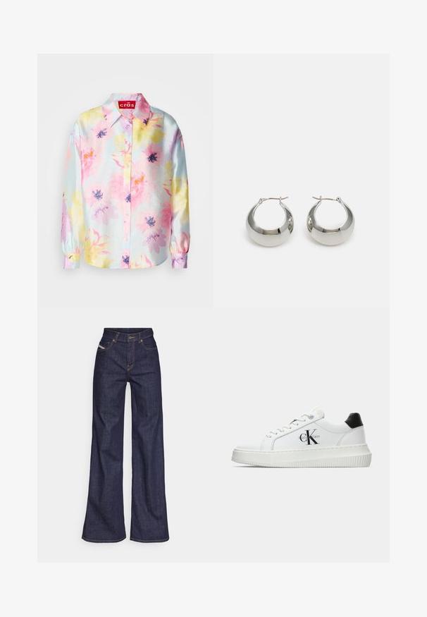 Floral blouse with a light blue background, featuring pink, yellow, and purple flowers, a collar, and button closure. Lustrous fabric with long sleeves.; Dark blue wide-leg jeans in denim fabric with a high waist, featuring orange stitching, five-pocket design, and a button closure.; White low-top sneaker with black heel tab, platform sole, laces, and Calvin Klein "CK" logo on the side.; Silver metal hoop earrings with a smooth, shiny surface and a structured, rounded design. Features a hinged clasp for secure wear.