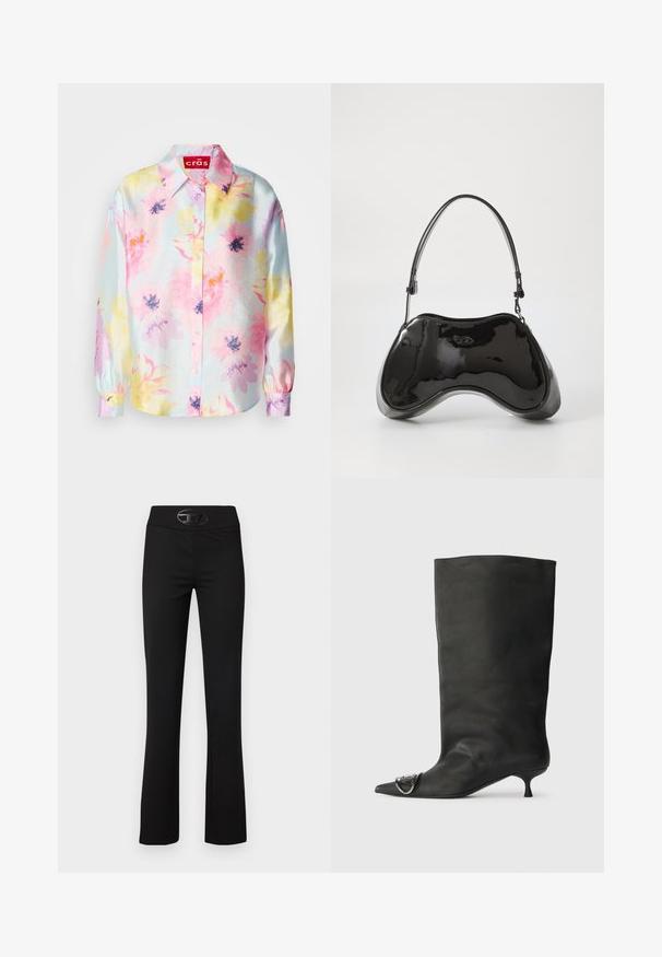 Bluză florală cu un fundal de culoare albastră deschisă, cu flori roz, galbene și violete, guler și închidere cu nasturi. Întreținere lucioasă, cu mâneci lungi.; Pantaloni negri evazați dintr-un material neted și elastic. Au o talie largă și un accent strălucitor cu logo-ul negru în față.; Botină neagră din piele cu vârf ascuțit, toc mic și detaliu metalic pe vârf. Textură netedă, mată pe întreaga suprafață.; Geantă din piele patent neagră, cu o formă unică, curbată, mânere scurte ajustabile și închidere cu fermoar. Textură netedă cu branding subtil.