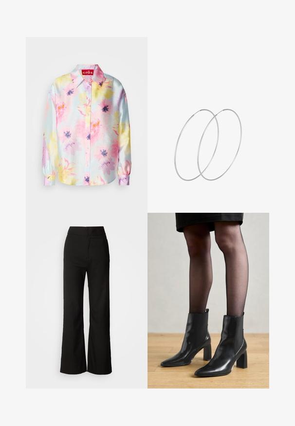 Cvjetna bluzica sa svijetloplavom pozadinom, koja sadrži ružičaste, žute i ljubičaste cvjetove, ovratnik i zatvaranje na gumbe. Sjajni materijal sa dugim rukavima.; Crne široke hlače s glatkom teksturom, visokim strukom i jednostavnim dizajnom. Bez vidljivih džepova ili ukrasa.; Crne kožne gležnjače s šiljastim vrhom, robusnim četvrtastim potplatom i elegantnim dizajnom. Imaju elastične bočne panele za jednostavno oblačenje.; Srebrne okrugle naušnice s minimalističkim dizajnom. Kružni oblik, glatka tekstura i tanak profil. Lagane s poliranim završetkom.
