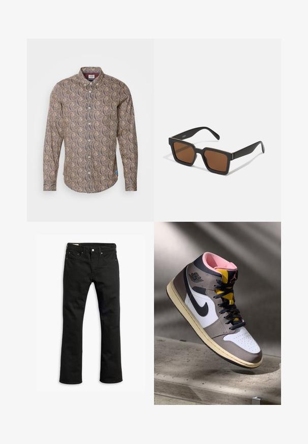 Halenka s dlouhým rukávem vyrobená z hnědé látky, zdobená točivým vzorem v krémové a námořnické modři. Zapínání na knoflíky s límcem a manžetami.; Bílý bavlněný tričko s krátkým rukávem, kulatým výstřihem a hladkým povrchem. Jednoduchý design bez vzorů nebo grafik.; Černé džíny z denimu se střihem rovného nohavice, pěti kapsami, kovovým zapínáním a jemnými švy. Hladká textura a jednobarevný design.; Bílé, šedé a černé vysoké tenisky Nike Air Jordan s růžovým interiérem a žlutým jazykem, umístěné na betonovém povrchu.; Černé sluneční brýle čtvercového tvaru s hnědými skly, s matným povrchem a zlatými akcenty na rámu. Design je úhlový s širokými nohami.; Černá kožená krosbody taška s obdélníkovým tvarem, přední zipová kapsa, nastavitelný popruh a embosované logo na přední straně.