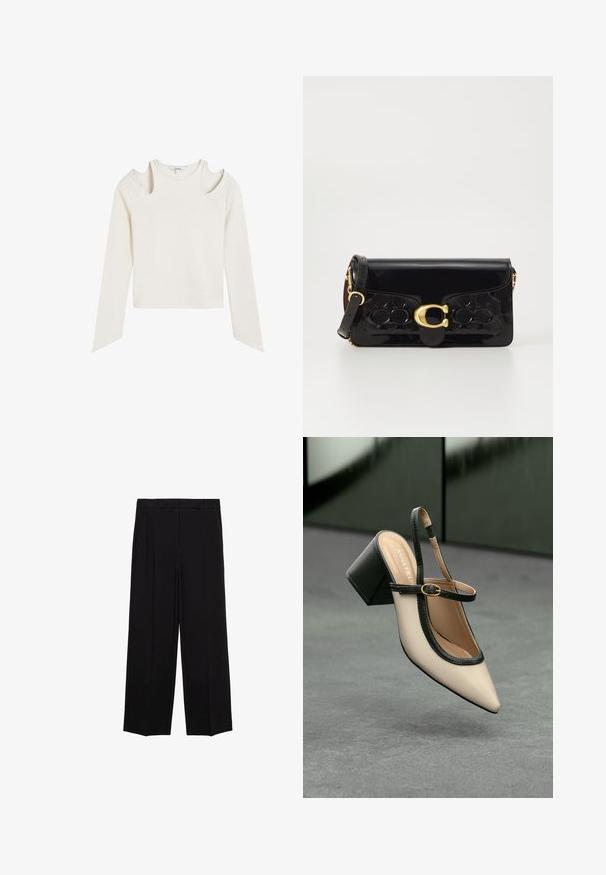 Haut à manches longues de couleur crème avec des découpes aux épaules, ourlet droit et tissu texturé. Design simple sans motifs ni accessoires visibles.; Pantalons larges noirs en tissu lisse, avec des plis sur le devant et des poches latérales, conçus avec une coupe droite et décontractée.; Escarpin beige à bout pointu et bride arrière, avec des finitions noires, une boucle dorée et un talon bloc épais, posé sur un sol gris avec un fond vert foncé.; Sac à main en cuir verni noir avec ferrures dorées, y compris un fermoir. Présente un design texturé et une bandoulière amovible. Forme rectangulaire compacte.
