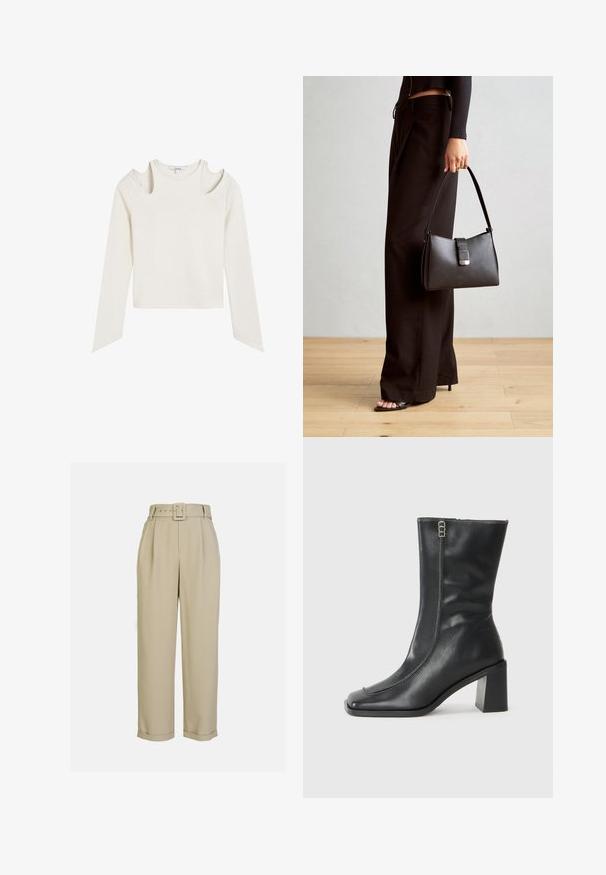 Long-sleeve, cream-colored top with shoulder cutouts, straight hem, and textured fabric. Simple design with no visible patterns or hardware.; Beige, high-waisted trousers with a wide-leg design, featuring pleats, a matching belt with a rectangular buckle, and cuffed hems.; Black leather ankle boot with a square toe, side zipper, and chunky, square heel. Features contrast stitching along the front seam.; Black handbag with structured shape, smooth texture, and a metallic clasp. Paired with wide black pants and open-toe sandals on wooden floor.