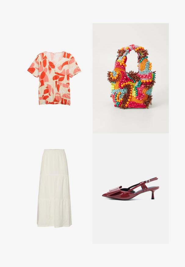 Beige Bluse mit kurzen Ärmeln, abstrakten roten und pinken Formen und drei kleinen Knöpfen am Rundhalsausschnitt.; Weiße, gestufte Maxiröhre aus leichtem, strukturiertem Stoff mit einem elastischen Bund. Sie verfügt über drei verschiedene Stoffabschnitte.; Rote Lackleder-Slingback-Kitten-Heels mit spitzem Zehenbereich und großem Schleifendetail auf der Oberseite vor weißem Hintergrund.; Perlenhandtasche in lebhaften Farben: Pink, Orange, Blau und Braun. Strukturierte Oberfläche mit kreisförmigen Perlen und organischen Formen, stabile Griffe.