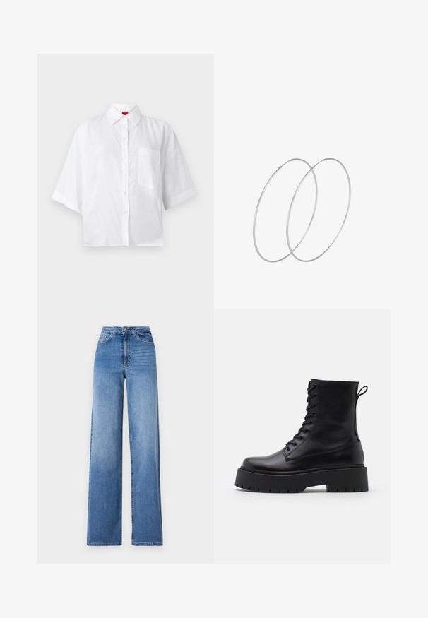 White short-sleeve button-up shirt with a collar and a single chest pocket. Fabric appears lightweight with a slightly textured finish.; Light blue wide-leg jeans made of denim, featuring a high waist, front pockets, and a standard button closure. Smooth texture.; Black leather ankle boots with a round toe, lace-up front, and a thick rubber sole featuring a textured tread. Pull tab at the back.; Silver hoop earrings with a minimalist design. Circular shape, smooth texture, and thin profile. Lightweight with a polished finish.