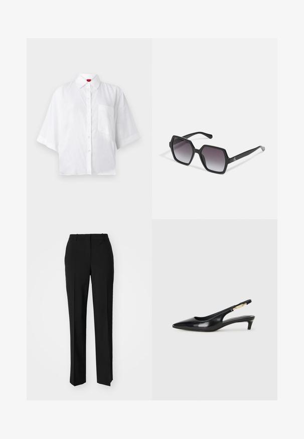 Balta trumpa rankovėmis marškiniai su apykakle ir viena krūtinės kišenė. Audinys atrodo lengvas, su šiek tiek tekstūrine apdaila.; Juodi pritaikyti kelnių modeliai su tiesiomis kojomis, pasižyminčios lygiomis tekstūromis ir ryškiomis klostėmis priekyje. Nėra matomų detalių.; Juodas odinis pavasario batelių modelis su smailiu nosiu, turintis siaurą kulniuką ir auksinės spalvos akcentu reguliuojamoje juostoje. Lygi tekstūra.; Juodos šešiakampės saulės akinių su gradientiniais lęšiais, turinčių blizgų paviršių ir subtilų prekės ženklą ant šventyklos. Patvari plastikinė konstrukcija.