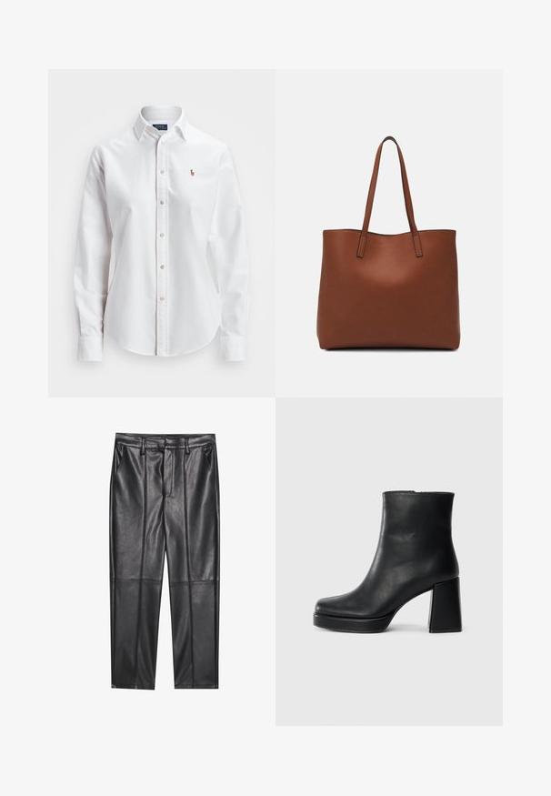 Balta ilga rankovė mygtukų marškiniai, pagaminti iš medvilnės, su klasikinėmis apykaklėmis ir mažuoju išsiuvinėtu logotipu ant krūtinės.; Juodos odinės kelnės su lygiu tekstūru, tiesaus kirpimo, dviem priekinėmis kišenėmis ir matomomis siūlėmis.; Juodas odinis kulkšninis botas su bloku ir platformos padu, matomas šoniniu vaizdu ant balto fono.; Ruda odinė priekabų krepšys su glotnia tekstūra, atviru viršumi ir dviem petnešomis. Su minimalia siuvimo detalėmis ir nematoma aparatūra.
