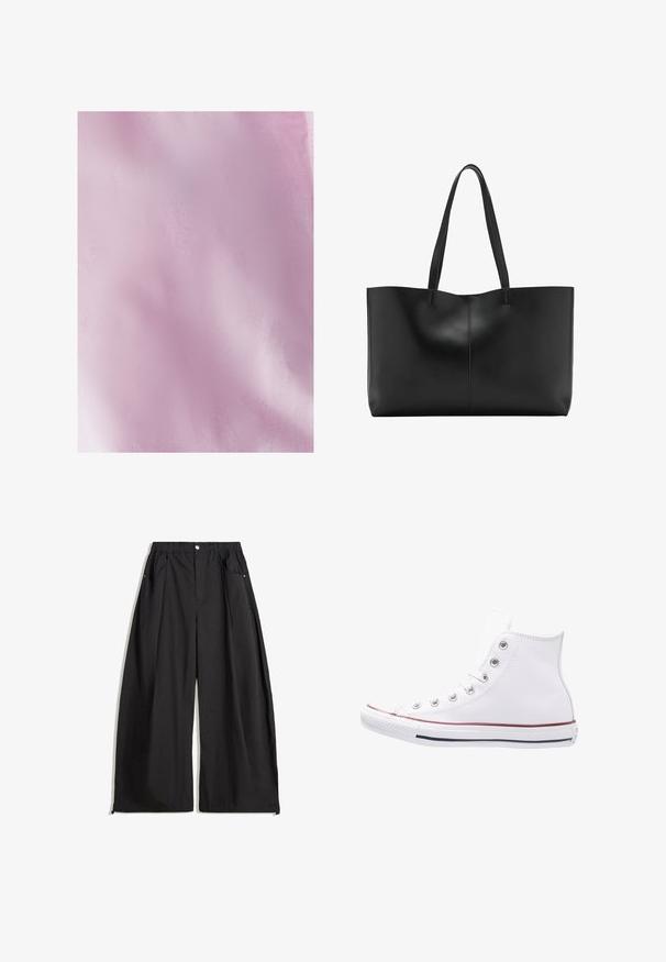 Tessuto rosa chiaro con una superficie liscia e leggermente testurizzata. Il materiale è leggero e uniforme nel colore, con sottili variazioni di ombre.; T-shirt bianco in cotone con scollo rotondo, maniche corte e vestibilità rilassata. Tessuto liscio, senza motivi né accenti.; Pantaloni neri a gamba larga con vita alta, dotati di pieghe, chiusura frontale con bottone e due tasche laterali. Realizzati in tessuto con una finitura testurizzata.; Sneaker alte bianche in pelle, con occhielli in argento, punta in gomma e una striscia rossa e blu sulla suola.; Borsa tote in pelle nera con due manici lunghi, un design elegante e dettagli di cucitura sottili lungo la cucitura centrale. Texture liscia.