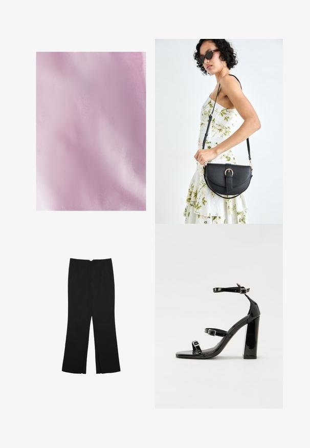 Light pink fabric with a smooth, slightly textured surface. The material is lightweight and uniform in color, with subtle shading variations.; Black trousers with a straight fit, featuring front pockets and side slits at the hem. Made of soft, smooth fabric. Suitable for various occasions.; Black patent heeled sandals with a square toe, ankle straps, and silver buckles. Features a chunky block heel for stability.; Black leather handbag with a curved shape, detachable strap, and gold hardware. The bag features a flap with a buckle detail.