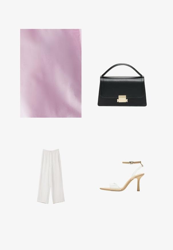 Svjetloružna tkanina s glatkom, blago teksturiranom površinom. Materijal je lagan i uniformne boje, s suptilnim varijacijama u nijansama.; Bele široke hlače iz lahkega materiala. Imajo elastičen pas s vrvico in stranske žepe. Gladka tekstura.; Sandal z jasnim petnikom s prozornim zgornjim delom, bež podplatom in sivim trakcem okoli gležnja. Ima koničast nos in tanek visoki petek.; Črna usnjena torbica z strukturiranim dizajnom, zgornjim ročajem in zlate kovinske sponke na sprednji strani. Gladka tekstura, minimalno šivanje.