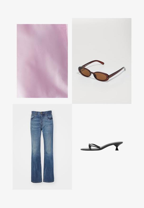 Svetloružová látka s hladkým, jemne textúrovaným povrchom. Materiál je ľahučký a jednotnej farby, s jemnými variáciami odtieňa.; Rozšírené modré džíny s stredným praním, vysokým pásom, pútkami na opasok a prednými vreckami. Hladký povrch s minimálnym opotrebovaním.; Čierne sandále na vysokom podpätku s elegantným dizajnom, tenkými remienkami a jedinečným trojuholníkovým podpätkom. Hladký povrch s minimalistickým vzhľadom.; Okrúhle slnečné okuliare s hnedým nádychom a lesklým burgundským rámom. Úzke ramená s jemným brandovaním. Plochej šošovky dizajn.