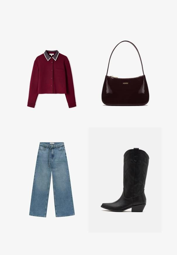 Burgundy cropped shirt with a button-up front, contrasting dark gray collar, white piping, and a single patch pocket on the left side.; Wide-leg blue denim jeans with a medium wash. Features a drawstring waist, front pocket, and plain finish without additional embellishments.; Black leather cowboy boot with pointed toe, low stacked heel, and intricate embossed leaf pattern on the shaft. Loop at the top for easy wear.; Burgundy patent leather handbag with a smooth texture, curved design, single shoulder strap, and gold "kazar" logo on the front.