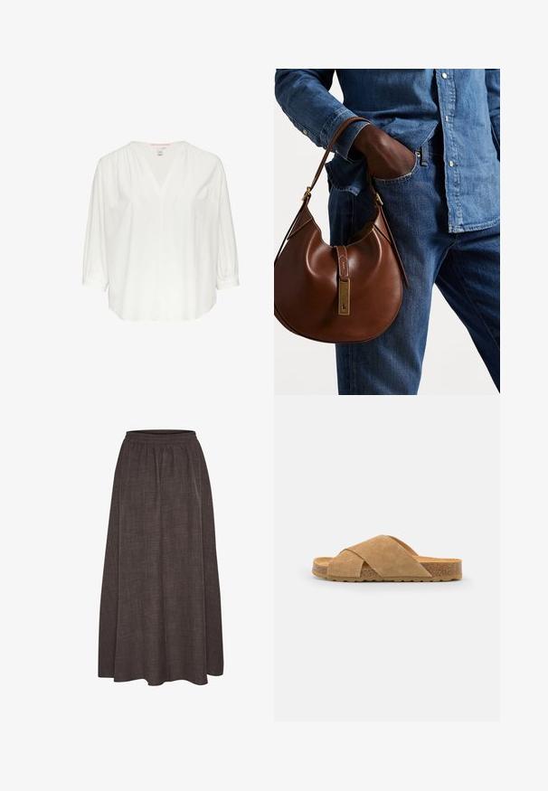 Biała bluzka z dekoltem w kształcie litery V, półdługimi bufiastymi rękawami i luźnym krojem. Gładka tekstura, minimalistyczny design i subtelne marszczenie na ramionach.; Maxi spódnica w ciemnym brązie, wykonana z teksturowanej tkaniny z elastycznym pasem. Szeroka, swobodna sylwetka nie posiada widocznych wzorów ani akcentów.; Zamszowe sandały na płaskiej podeszwie w jasnobrązowym kolorze, z korkową podeszwą i teksturowaną gumową底, charakteryzujące się szerokim krojem i krzyżowymi paskami.; Brązowa skórzana torebka hobo w zaokrąglonym kształcie, z akcentami w złotym kolorze i kontrastowym przeszyciem. Połączona z dżinsową koszulą i spodniami dżinsowymi.; Brożka w odcieniu złotym z knotowym wzorem, posiadająca gładkie, zaokrąglone linie oraz misterny kształt, odzwierciedlająca wypolerowaną powierzchnię.