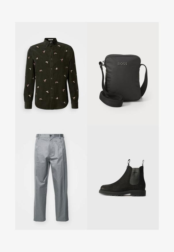 Camicia in corduroy verde scuro con anatre ricamate in varie posizioni. Colletto con bottoni e maniche lunghe con polsini abbottonati.; Pantaloni in cotone grigio mélange con design a gamba dritta, dotati di chiusura anteriore con bottone, passanti per cintura e tasche laterali.; Stivali Chelsea neri in suede con pannelli laterali elasticizzati, tasselli per il pull, punta arrotondata e suola in gomma robusta.; Borsa a tracolla nera in nylon con forma rettangolare, chiusura con zip, tracolla regolabile e logo "BOSS" impresso sul davanti.