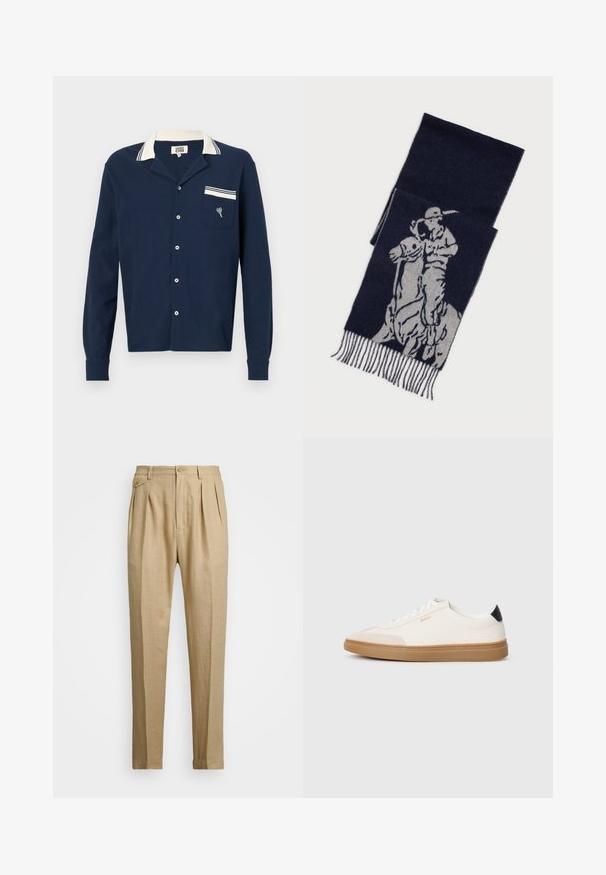 Námornícke košele s gombíkmi z textúrovanej tkaniny, s bielym golierom a vreckom srdcového dizajnu a prúžkovým akcentom.; Bežové ľanové nohavice so strihaním do rovna, so 'dvoma prednými záhybmi, s gombíkovým zapínaním a bočnými vreckami. Textúrovaná látka s hladkým povrchom.; Biele tenisky s béžovými akcentmi, hladký kožený zvršok, zaoblená špička a gumená podošva, s čiernym pätkom a jemným brandingom.; Námornícky modrý šál s šedou grafikou jazdca na koni hrajúceho polo, s třásňami na okrajoch.