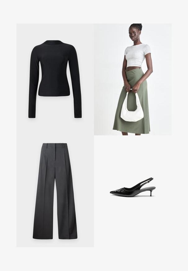 Maglia nera a maniche lunghe realizzata in tessuto liscio, con un motivo perforato su tutta la superficie e un semplice scollo rotondo.; Pantaloni a gamba larga in tessuto grigio scuro, con vita alta, pieghe singole e una texture liscia con una finitura pulita sui orli.; Tacchi slingback in pelle nera con punta affusolata, piccolo tacco kitten e un dettaglio a nodo decorativo sulla parte anteriore. Texture liscia su tutta la superficie.; Top crop a coste grigio e gonna a vita alta verde oliva. Il modello tiene una borsa a spalla bianca con dettagli intagliati. Design semplice, silhouette aderente.