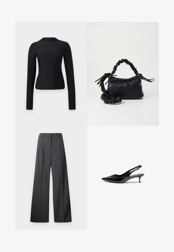 Svart langermet topp laget av glatt tekstil, med et perforert mønster over hele plagget og en enkel rund utringning.; Vide bukser i mørkegrått stoff med høy livlinje, enkel press, og en glatt tekstur med en ren finish på ermekantene.; Sorte skinnert remsandaler med spiss tå, liten kittenhæl og en dekorativ knute detalj foran. Glatt tekstur gjennom hele.; Svart faux skinn-håndveske med krokodilletekstur, strammet topp og en rynket stropp. Ser myk og kompakt ut i designen.