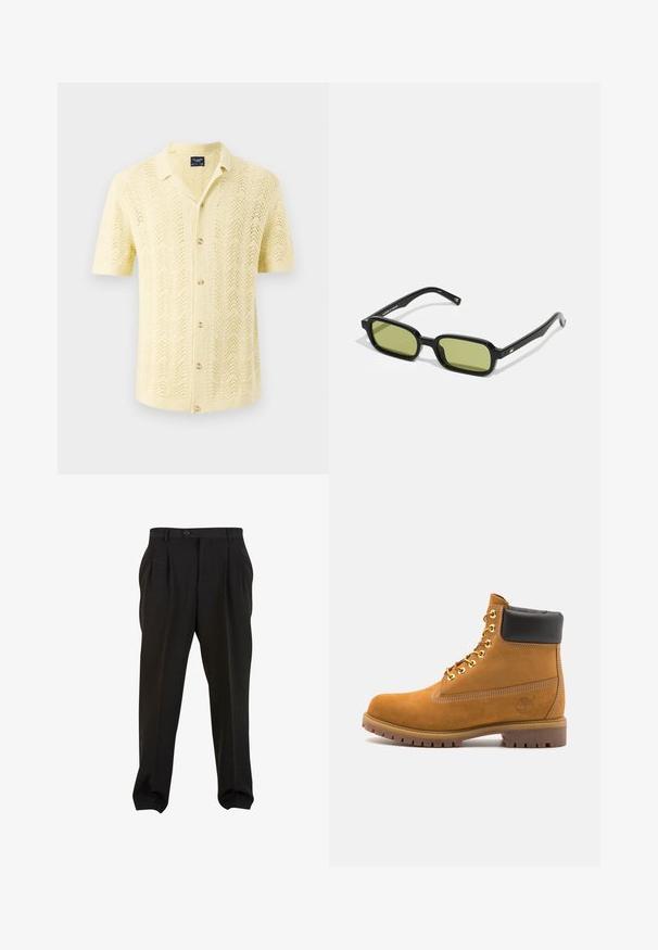 Rövid ujjú ing világos sárga kötött anyagból, hullámos mintával és gombos záródással. Jellemzője a gallér és a laza fazon.; Fekete nadrág sima anyagból, elöl pleátokkal, gombos derékpánttal és keskenyített bokarészekkel. Klasszikus szabásvonal.; Barna velúr bokacipő fekete párnázott gallérral, arany fém fűzőlyukakkal, fehér varrási részletekkel és durva gumitalppal, amelynek kifejezett barázdái vannak.; Fekete napszemüveg szögletes kialakítással, zöld árnyalatú lencsékkel és sima műanyag kerettel. Arany díszítésekkel a fülpántokon.