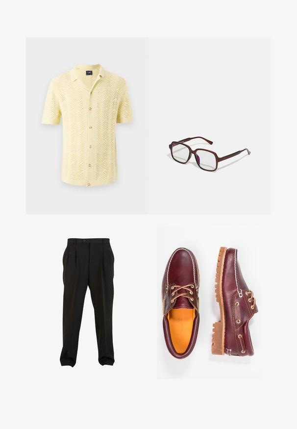 Īsām piedurknēm krekls gaiši dzeltenā adītas auduma ar viļņotu rakstu un pogu aizdari, ar apkakli un brīvu piegriezumu.; Melnas bikses ar gludu audumu, ar priekšējiem krokām, pogājam jostu un sašaurinātiem ikru galiem. Klasiska pielāgota siluets.; Burgundijas krāsas ādas apavi ar brūniem gumijas zole, apaļiem purngalu, baltu šuvumu un zelta caurumiem. Iekšpusei ir dzeltena oderējums.; Brūnas, taisnstūra formas brillēs ar caurspīdīgām lēcām un purpura nokrāsām. Gluda plastmasas apdare ar taisnām tempļiem un smalkiem akcentiem.