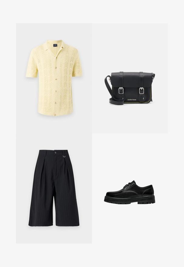 Camicetta a maniche corte in tessuto a maglia giallo chiaro con motivo ondulato e chiusura a bottoni, dotata di colletto e vestibilità rilassata.; Pantaloni shorts neri a righe con pieghe, chiusura a bottone e accento in anello metallico. Tessuto liscio con una vestibilità su misura e design lunghezza ginocchio.; Scarpa nera in pelle con lacci, punta arrotondata, finitura texturizzata e suola in gomma spessa con battistrada profondo per una migliore aderenza.; Borsa a tracolla in pelle nera con patta, due fibbie argentate, cuciture gialle e tracolla regolabile. Presenta una texture liscia e un design compatto.