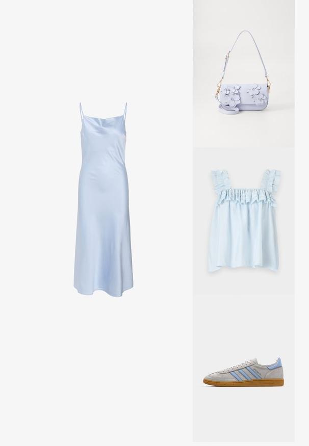 Svijetloplavi bezrukavni top s naboranim naramenicama i naboranim izrezom. Izrađen od laganog materijala, ima meke teksture i slobodan kroj.; Svijetloplava satenasta haljina bez rukava s tankim naramenicama, glatke teksture i blago lepršavim rubom. Jednostavan dizajn bez vidljivih uzoraka ili akcenta.; Sive smeđe tenisice od nubuka s svijetloplave pruge, gumeni potplat i logo detalji. Dizajn niske cipele s okruglim vrhom i vezanjem.; ALDO DAISYBOUQUET - Ručna torba - light purple