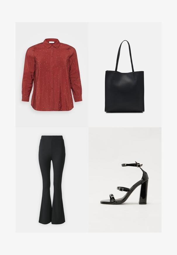 Piros, hosszú ujjú ing könnyű, sima anyagból, gombos gallérral, két elülső zsebbel és ezüst pöttyökkel díszítve.; Fekete, bővülő nadrág rugalmas anyagból. Magas derékkal és sima, testhezálló kialakítással rendelkezik, amely a térdtől lefelé bővül.; Fekete lakk magas sarkú szandál két csatos pánttal, négyzet alakú orral és tömzsi blokk sarokkal, sima, fényes felülettel.; Fekete bőrtáska sima felszínnel, téglalap alakú, két hosszú füllel. Nincs látható fémkiegészítő vagy díszítés.