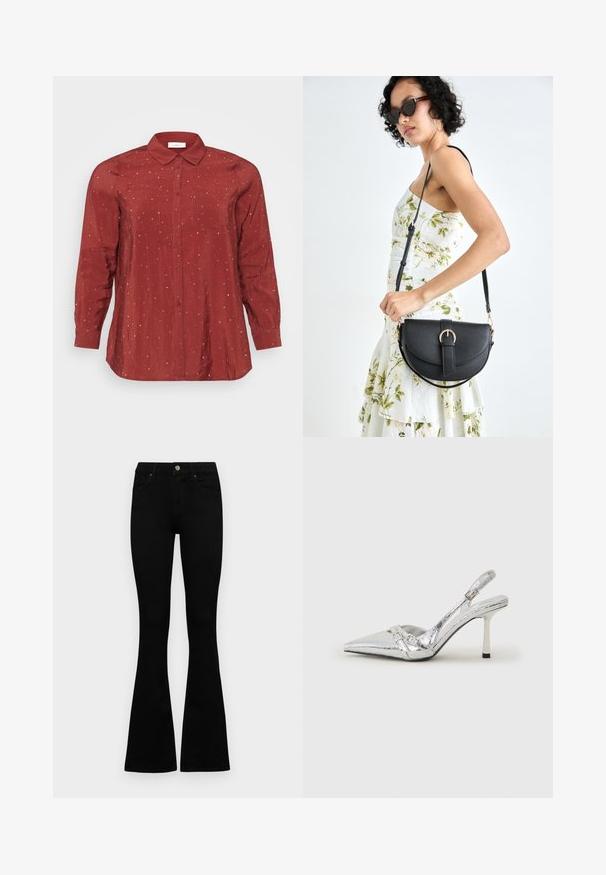 Sarkana, garo piedurkņu krekls vieglā, gludā audumā ar pogām kaklā, divām priekšējām kabatām un sudraba punktu rotājumiem.; Melni augsta jostas šorti ar pogu un rāvējslēdzēju, priekšējām kabatām un izplestām kājām, nolikti uz balta fona.; Sudraba slingback augstpapēžu kurpe ar norādītu purngalu, metālisku apdari, diviem dekoratīviem siksniņām un plānu papēdi ar melnu galu.; Melnas ādas rokassoma ar izliekta formu, noņemamu siksnu un zelta aksesuāriem. Somai ir vāciņš ar sprādzes detaļu.