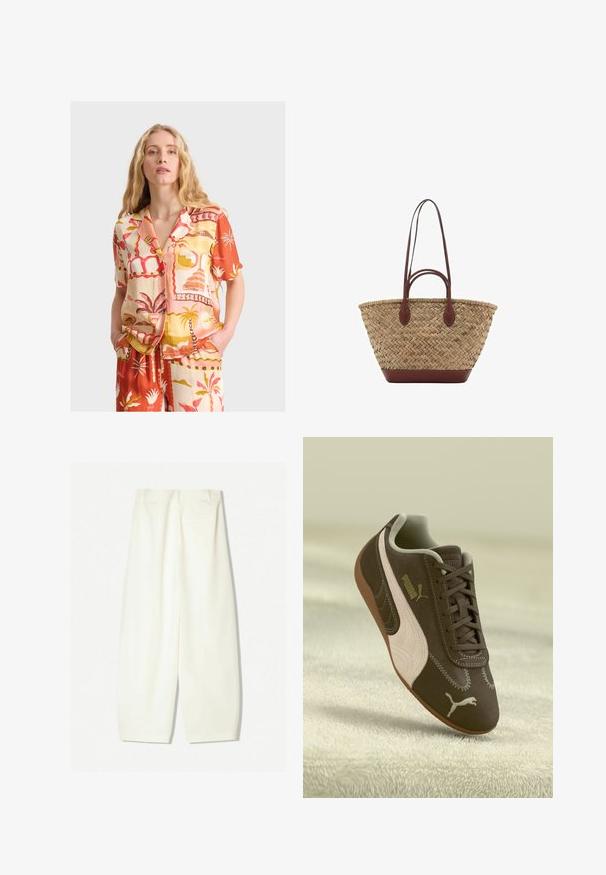 Kurzärmeliges, knöpfbares Hemd mit einem lebhaften, tropischen Muster in Orange, Pink, Gelb und Creme, locker geschnitten und mit zwei vorderen Taschen.; Weite Hosen aus einem weichen Creme-Stoff, mit glatter Textur, seitlichen Taschen und einem lässigen Schnitt mit mittelhohem Bund.; Braune Puma-Sneaker mit beiger Streifen und Logo, geschnürt, auf einer strukturierten beigen Oberfläche ruhend.; Geflochtene Strohttasche mit geflochtener Textur, dunkelbraunen Ledergriffen und Boden, breiter runder Form und offenes Oberteil.