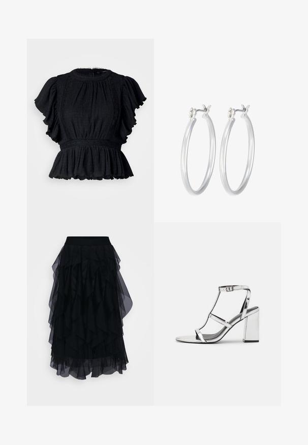 Čierna peplum blúzka s textúrovanou tkaninou, volánovými krátkymi rukávmi, háčkovaným opaskom a vysokým výstrihom. Bez viditeľných zapínaní.; Čierna vrstvená tylová sukňa s širokým elastickým opaskom. Dizajn obsahuje volánové vrstvy s polopriesvitným povrchom, čo vytvára splývavý siluet.; Strieborné metalické sandále na podpätku s dizajnom T-pásiky, nastaviteľnou prackou na členku a blokovým podpätkom, s hladkým, odrazovým povrchom.; Strieborné kruhové náušnice s hladkým, lesklým povrchom. Kolový tvar a bezpečné klikanie na uzatváranie. Ľahký dizajn vhodný na každodenné nosenie.