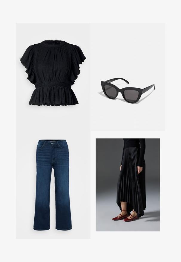 Černá peplum blůza s texturovanou tkaninou, volánkovými krátkými rukávy, háčkovaným pasem a vysokým výstřihem. Bez viditelných zapínání.; ONLY Petite ONLMADISON BLUSH WIDE - Wide leg - dark blue denim; Černá plisovaná sukně s vysokým předním a nízkým zadním lemem, kombinovaná s lesklými červenými balerínami se strapkovým designem. Tkanina má hladký povrch.; Černé sluneční brýle ve stylu kočičích očí s matným povrchem, vybavené šedými zabarvenými skly, ostrými liniemi a elegantními bočními rameny. Název značky viditelný na vnitřní straně ramene.; Stříbrné kruhové náušnice s hladkým, lesklým povrchem. Kulatý tvar a bezpečné zapínání na klip. Lehký design vhodný pro každodenní nošení.